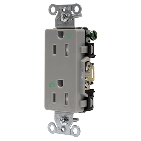 Hubbell Wiring Device-Kellems Straight Blade Receptacle, 5-15R, 15 A, 125V AC, 2 Pole, 3 Wire, Flush Mount, Grounded DR15GRYWRTR